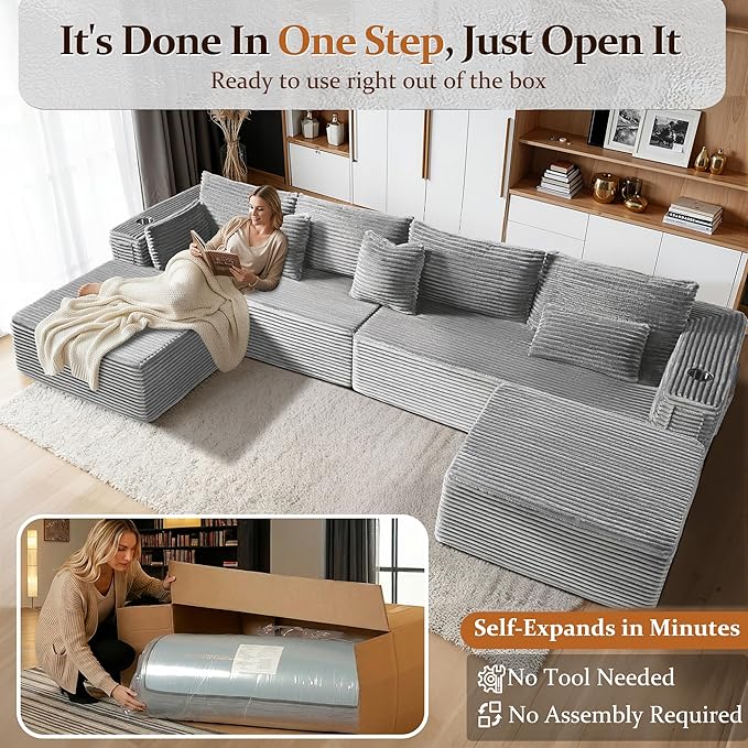 37" Cloud Sectional Couch Ottoman for Living Room, Extra Deep Seats No Assembly, Minimalist Modular Couch, Corduroy (Light Grey, Single Ottoman)