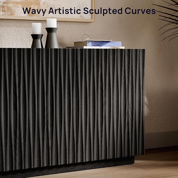 70" Fluted TV Stand for TVs Up to 50/55/65/75", Mid-Century Modern Entertainment Center for Living Room, Tall Sideboard & Storage Cabinet Wavy Media & TV Console, 8 Cable Holes&Soft-Close,Black Walnut