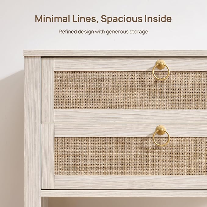 SICOTAS Boho Rattan Nightstand Set of 2, 26.7" Extra Wide Bedside Table with 2 Drawers & Open Shelf, White Oak Large Side Table for King Size Bed, Modern Coastal End Table for Master Bedroom