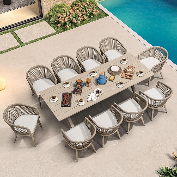 PURPLE LEAF Patio Dining Set for 10 All-Weather Wicker 11 Piece Aluminium Outdoor Table and Chairs Set Included Cushions for Backyard Indoor Decor Kitchen Modern Outdoor Furniture Set Champagne