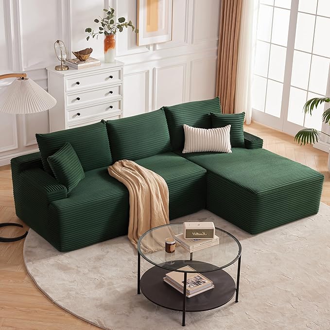 Mangodan Cloud Sectional Sofa, Boneless Couch for Living Room, Modular Sectional Sofa with Deep Seat, Fluffy L-Shaped Comfy Couch with Right-Facing Chaise, No Assembly Required, Green