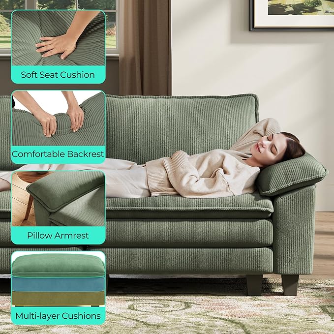 LINSY HOME 123" Modular U-Shaped Sectional Sofa, 3-Seat Corduroy Modern Cloud Couch with Deep Seat & 2 Movable Ottoman, Perfect for Living Room, Office, Bedroom, Green