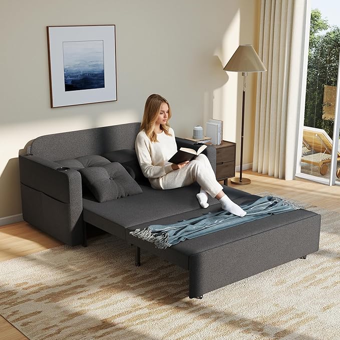 Krcix 3 in 1 Sofa Bed, 56 Inch Convertible Pull Out Couch, Loveseat Sleeper Sofa with Cup Holders, USB, Sofa Couches for Living Room, Bedroom, Apartment, Dark Grey