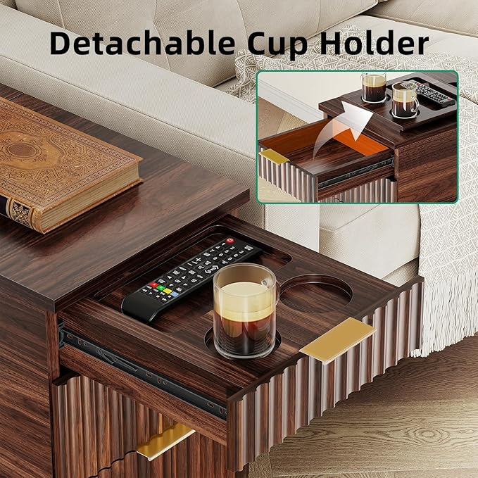Kalrin Charging Nightstand with Hidden Outlets & 3 Drawers, Modern End Table, Bedside Table with USB Ports, Wave Groove Design, Compact Size, Heavy Duty Engineered Wood, Vintage Brown