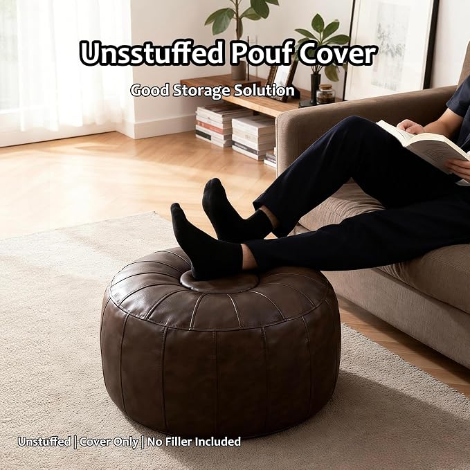 Thgonwid Unstuffed Moroccan Storage Pouf Foot Stool Ottoman Seat Handmade Faux Leather Bean Bag Floor Chair Foot Rest for Living Room, Bedroom or Balcony (Deep Coffee)