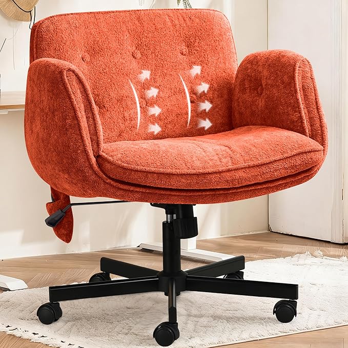 Criss Cross Chair with Lumbar Airbag & Folding Arms Relieve Back Pain, Wide Cross Legged Office Chair for Home Office, Comfy Swivel Desk Chair with Wheels, 5 Level Adjustable Armrest, Chenille(Orange)