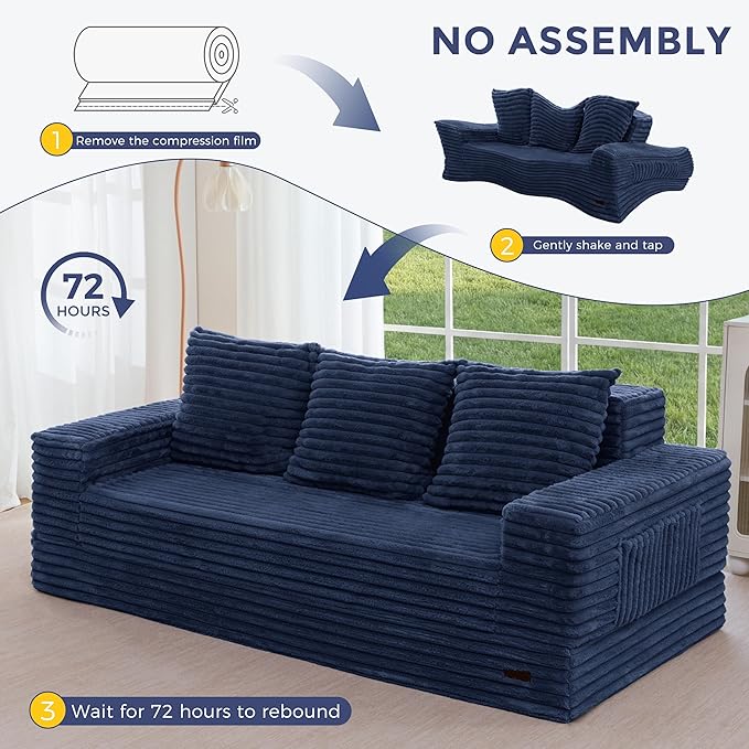 MAXYOYO Loveseat Sofa Bed, Striped Faux Fur Foldable Floor Sofa Couch in A Box, 4 in 1 Convertible Boneless Couch with 2 Cup Holders, Folding Recliner Sleeper Chair, No Assembly Required, Navy
