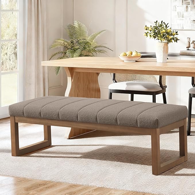 Zihanhome 52.7" Bedroom Bench for End of Bed, Modern Upholstered Teddy Fabric Entryway Bench & Dining Bench, Footrest Stool Bench with Solid Wood Frame for Bedroom, Living Room (Dark Brown)