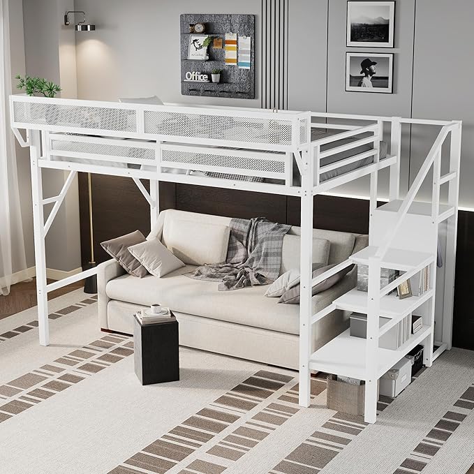 KEIKI Twin XL Size Metal Loft Bed Frame with Convertible Staircase, Built-in Storage Shelves & Wardrobe, Loft Bed with Solid Slat & Guardrail, No Box Spring Required, Easy Assembly, for Bedroom, White
