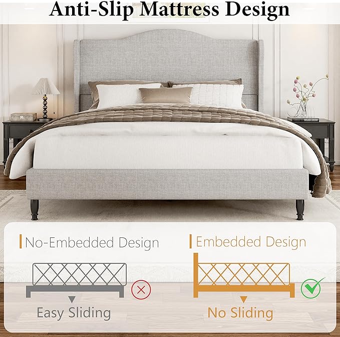 Queen Bed Frame with 50.4" Tall Wingback Headboard, Upholstered Platform Bed with Wood Slats, 1000 lbs Capacity, No Box Spring Needed, Easy Assembly, Beige