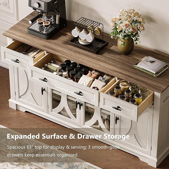 Einhomn 64" Farmhouse Sideboard Cabinet with 3 Drawers and 4 Doors, Buffet Cabinet with Adjustable Shelves and Curved Glass Doors, Large Storage Cabinet for Dining Room, Living Room, Kitchen,White