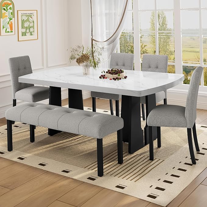 Merax 6-Piece Dining Table Set for 6, Modern Faux Marble Oval Kitchen Tabletop with Four Upholstered Chairs and One Bench for Dining, Living Room, Kitchen, Easy Assembly, White+ Gray