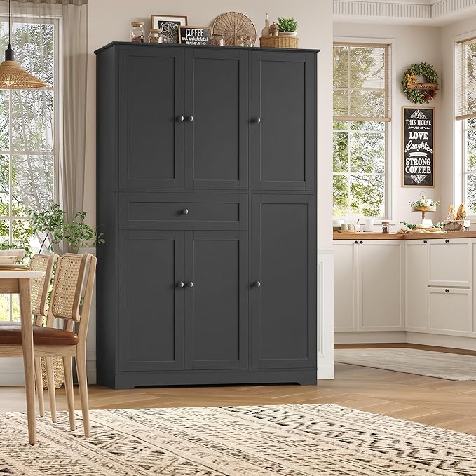 HOSTACK 68" Tall Kitchen Pantry Storage Cabinet, Modern Kitchen Hutch Cabinet with Doors and Shelves, Freestanding Food Pantry with Large Storage Drawer for Dining Room, Living Room, Black