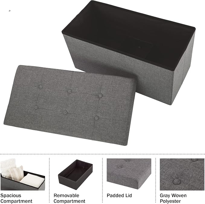 Lavish Home Folding Storage Ottoman - 30-Inch Folding Tufted Footrest, Linen Chest, or Bench with Removable Bin for Living Room, Bedroom, or Dorm (Dark Gray)