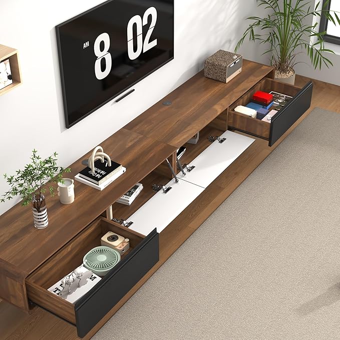 chartustriable 94.5" Minimalist Floating TV Stand for TVs up to 100 Inches, Modern Wall Mounted Media Console with 2 Drawers, Entertainment Center for Living Room, Walnut and Black
