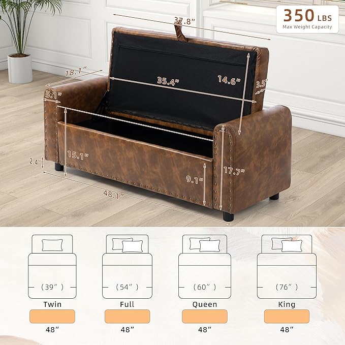 48" Ottoman with Storage, Tufted Storage Ottoman Bench, Convenient Living Room Fabrics Bench Seat, Entryway Shoe Benches with Inner Zipper & Arm, Upholstered Window Seat Ottomans with Rivets, Brown