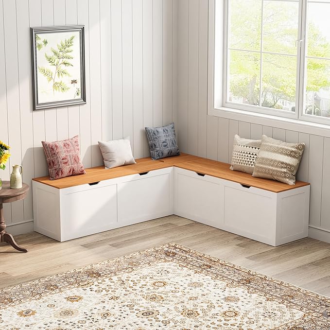 L Shape Kitchen Breakfast Nook Bench, Kitchen Corner Nook Bench Seating with Hidden Storage, Corner Dining Bench for Entryway. (Yellow + White)