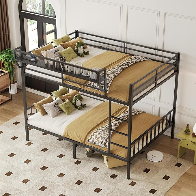 Queen Over Queen Metal Bunk Bed with Storage Shelf Built-in USB Port, Heavy Duty Queen Size Bed Frame w/Full-Length Guardrail & Ladder, Noise-Free & Stable,No Box Spring Needed