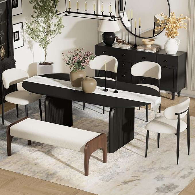 6-Piece Mid-Century Modern Dining Table Set, 63" Black Rectangular Table with 2 Dining Chairs & Bench, Dining & Kitchen Room Set for 6, Space-Saving Rustic Dining Set, Beige