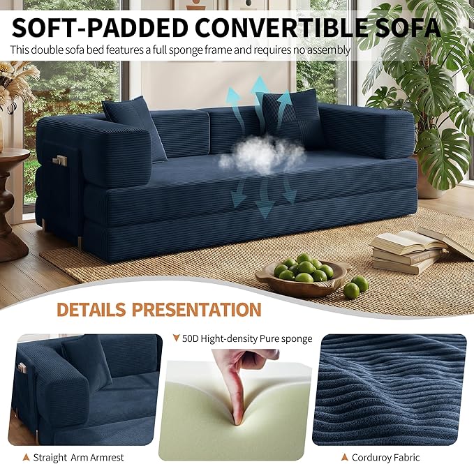 78.8" Convertible Sofa Bed with Armrest Pillow, 4-in-1 Sleeper Couch Bed for Livingroom, Modular Corduroy Boneless couches, No Assembly (Blue)