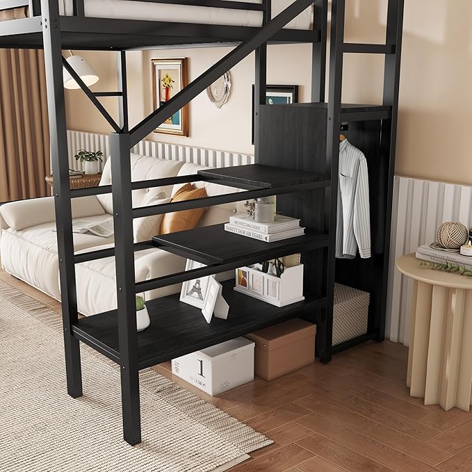 KEIKI Twin Size Metal Loft Bed Frame with Convertible Staircase, Built-in Storage Shelves & Wardrobe, Loft Bed with Solid Slats & Guardrail, No Box Spring Required, Easy Assembly, for Bedroom, Black