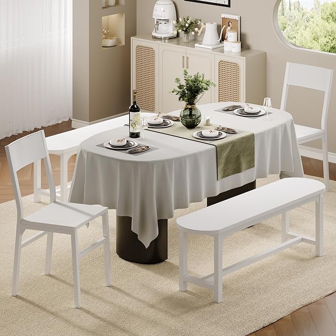 Feonase Dining Chairs and Benches Set of 4, Modern Dining Room Chairs with Ergonomic Backrest, Wood Structure & Metal Legs, for Kitchen, Dining Room, Space-Saving, Easy to Assemble & Clean, White