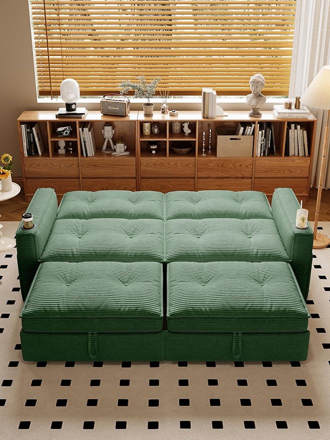 healthomse 73.2" Convertible Sofa Bed, 2-in-1 Multi-Functional Loveseat Sleeper, Modern Corduroy Couch with Side Pocket, for Living Rooms, Bedrooms, Apartments, Small Spaces (Green, 73.2inch)