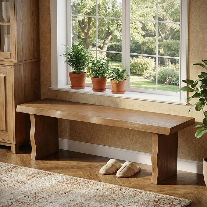 Merax 62.9" Solid Pine Dining Bench with Sculpted Legs – Rustic 3-Person Seating for Kitchen, Dining Room & Entryway – Heavy Duty 350lbs Capacity, Natural Wood Finish