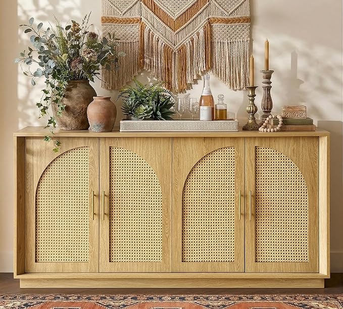 FORTUNETEC 63" Sideboard Buffet Cabinet with Storage, Modern Accent Cabinet with Rattan Arched Doors, Modular Media Console, Boho Credenza for Living Room Kitchen Dining Room Entryway, Oak