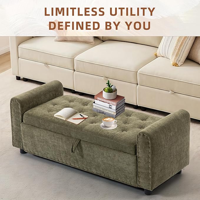 48" Ottoman with Storage, Tufted Storage Ottoman Bench, Convenient Living Room Fabrics Bench Seat, Entryway Shoe Benches with Inner Zipper & Arm, Upholstered Window Seat Ottomans with Rivets, Green