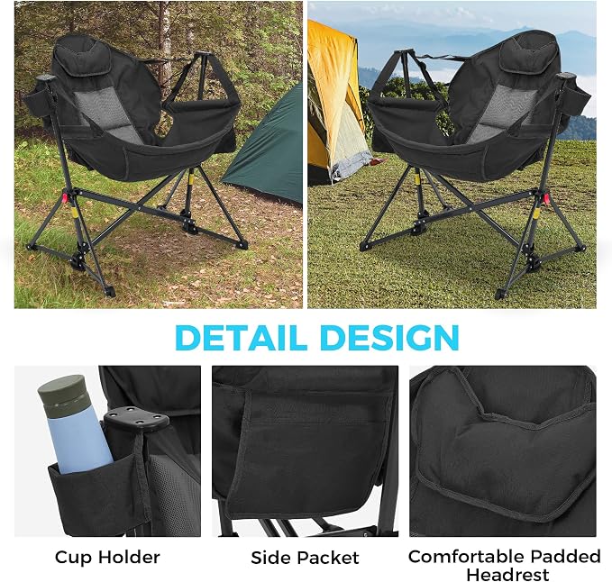 Ainfox Hammock Camping Chair, Foldable Portable Rocking Chairs for Adults Outside Swinging Camp with Cup Holder Pillow for Outdoor Patio Poolside (Black)