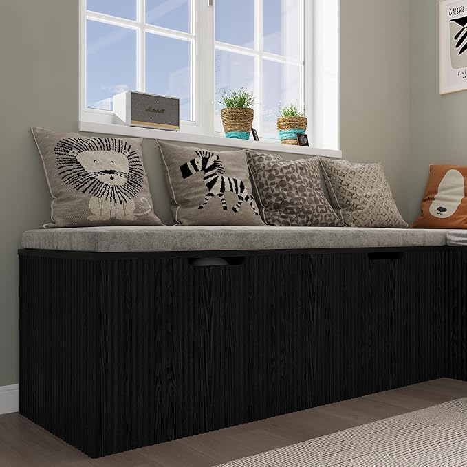 Bobve L-Shape Storage Bench with Cushion, Backless Corner Dining Bench, Kitchen Dining Nook Bench with Hidden Storage for Dining Room, Kitchen, Entryway (Black)