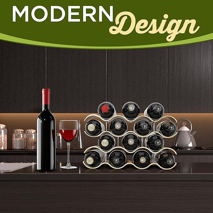 NutriChef Bamboo Wine Rack - 4 Tier Countertop Shelf with Slots that Holds 14 Bottles, Unique Stackable Wooden Holder, Save Space for Cabinet, Kitchen and Pantry, Modern Contemporary Wave Design