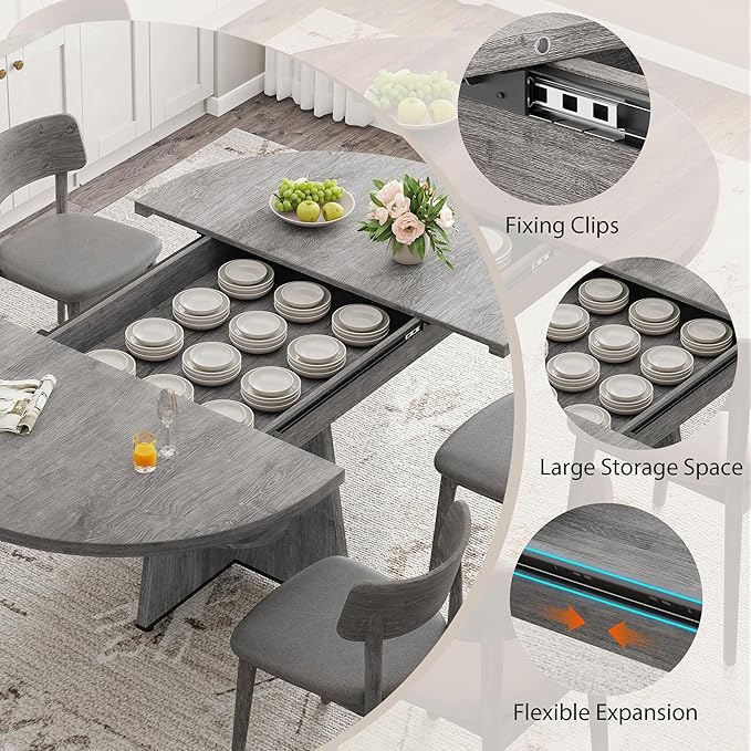Extendable Dining Table, Round Kitchen Dining Room Dinner Table with for 4 6 8 People, Space Saving Modern Oval Expandale Furniture with Storage and Pedestal for Kitchen Living Room (Grey)