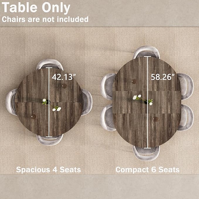42"-58" Extendable Round Dining Table for 4-6, Kitchen Oval Table with Hidden Leaves & Storage Shelf, Space Saving Modern Design with Sturdy Metal Legs for Kitchen, Dining Room & Small Apartments