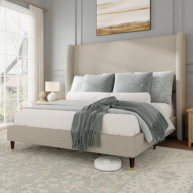 Jocisland Full Bed Frame 51.2" Wingback Headboard Linen Upholstered Platform Bed,Solid Wood Legs & Wooden Slats,No Box Spring Needed,Noise-Free,for Teen Room Small Bedroom Cozy Home,Brown