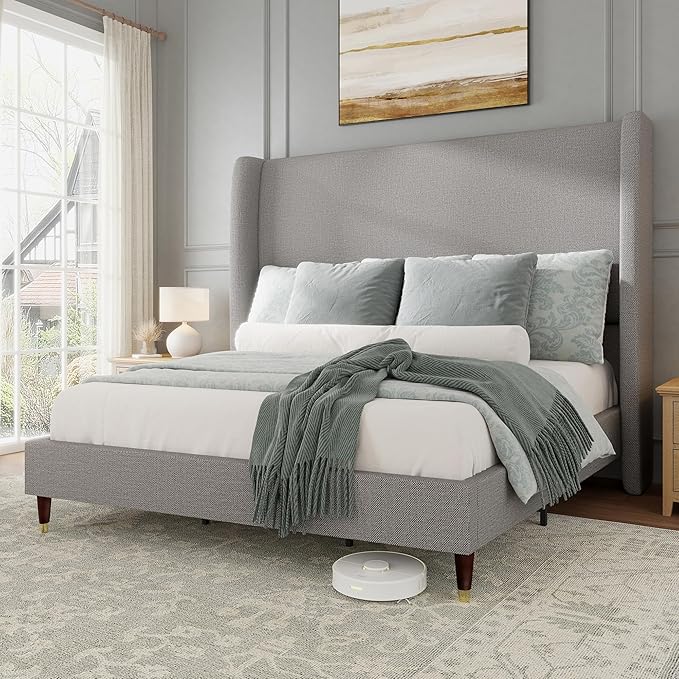 Jocisland Queen Size Bed Frame 51.2" Wingback Headboard Linen Upholstered Platform Bed,Solid Wood Legs & Wooden Slats,No Box Spring Needed,Noise-Free,for Family Guest Room Cozy Home,Light Grey