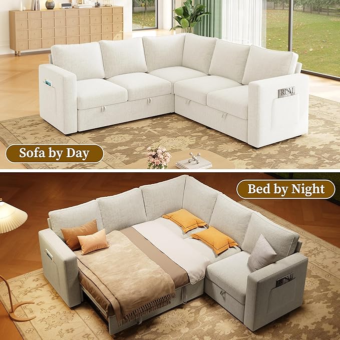 83.5" Sectional Sleeper Sofa with Pull Out Couch, Modern 5 Seat L Shaped Modular Couch, Sectionals Modular Sofa with Storage, Comfy Sectional Couches for Living Room & Apartment,Light Beige