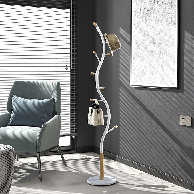 Roundhill Furniture Arles Metal Whtie and Oak Standing Coat Rack