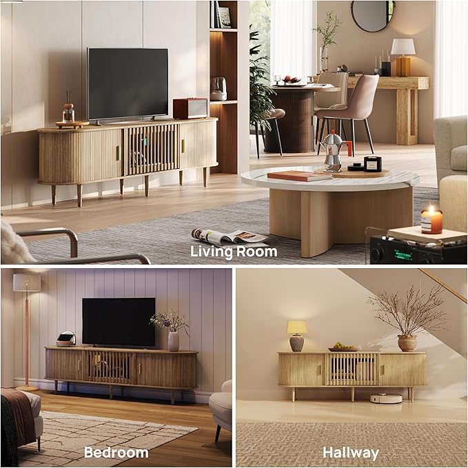 70" Fluted Mid Century Modern TV Stand for TVs Up to 75", Tambour Sliding Doors Entertainment Center with Storage&LED, Janpandi Curved Media&TV Console Long TV Stands for Living Room Bedroom, Oak