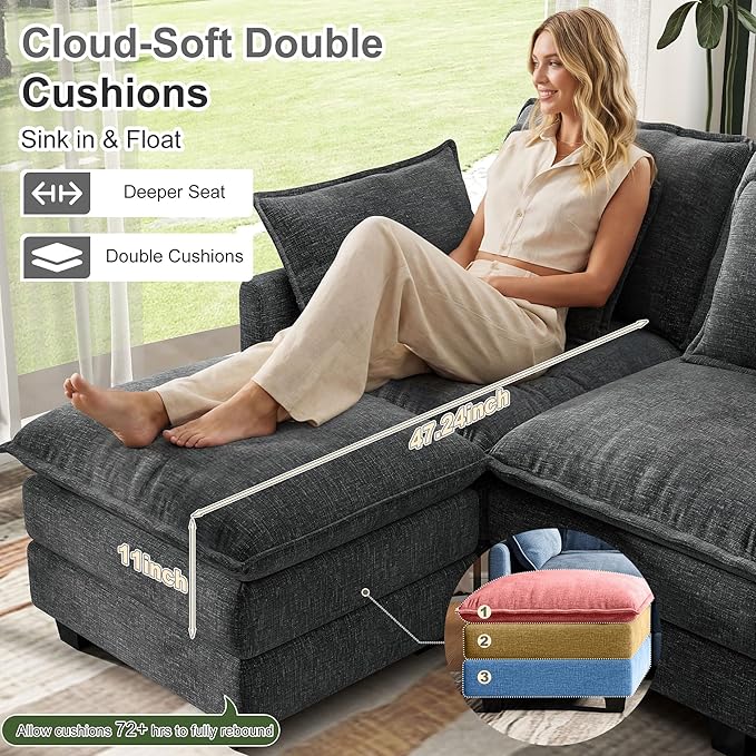 107" Cloud Couch Sectional, U Shaped Modular Sectional Sofa, 4-Seat Deep Seat Couch with 6 Removable Washable Pillows and 2 Ottoman for Living Room, Bedroom, Apartment, Black Grey