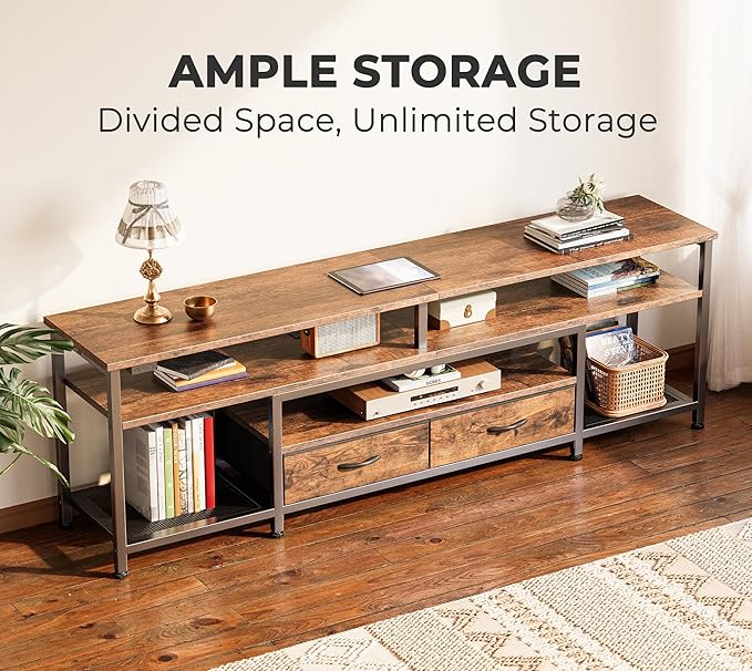 Huuger 63 Inch LED TV Stand for 65 70 Inch TV, Entertainment Center with Open Shelves and Power Outlets, TV Console for Living Room, Media Console with Drawers, Rustic Brown, 8779FC
