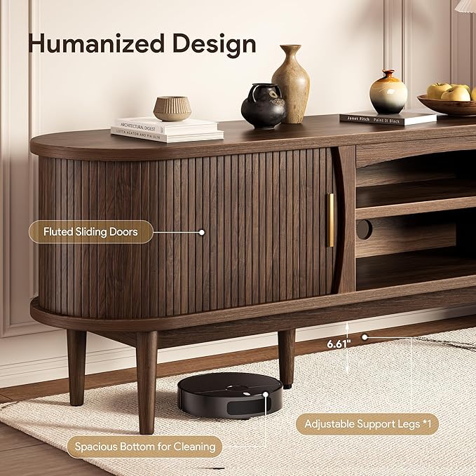 Decofy Mid Century TV Stand for TVs up to 90 Inches, Entertainment Center with Storage, Power Outlet, Fluted Sliding Doors & Adjustable Shelves, Modern Media TV Console Table for Living Room (Walnut)