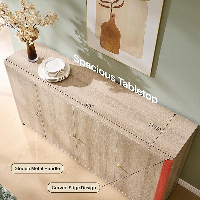 Curved Buffet Cabinet with Doors, 66" Large Sideboard Buffet Storage Cabinet with 4 Doors and Shleves, Modern Coffee Bar Station Wood Kitchen Table for Kitchen, Dining Room, Light Grey