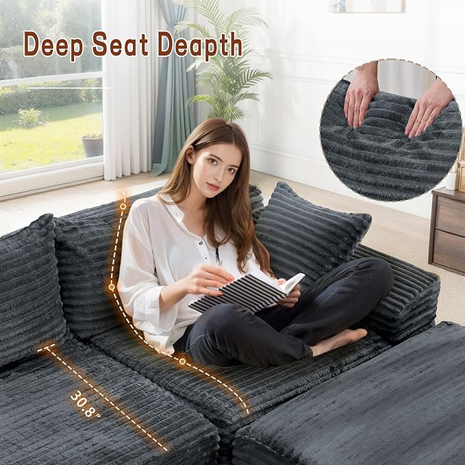 Korser 110" L-Shaped Modular Sectional Sofa with Chaise, Boneless Comfy Corduroy Fluffy Couch with Deep Seat and Side Pockets, Flexible Module Combination for Living Room, No Assembly, Side Pockets