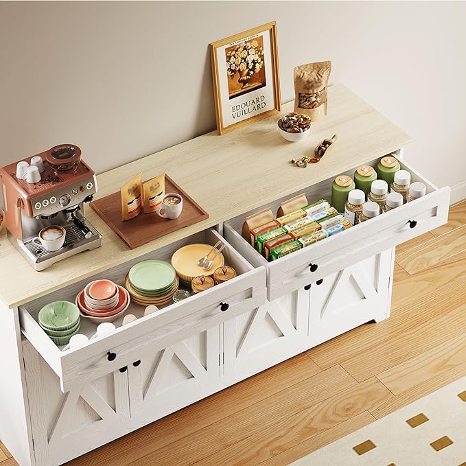 IRONCK Buffet Cabinet with Storage, Sideboard Storage Cabinet with Drawers, Coffee Bar Cabinet, Kitchen Cabinet with Doors, Natural Wood