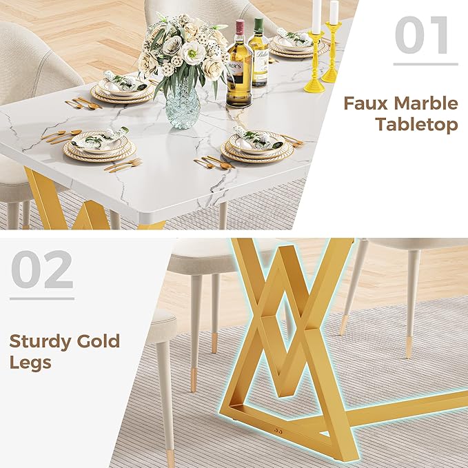 IRONCK 63" Dining Table for 4-6, Modern Rectangular Kitchen Table with Sturdy Metal Frame & Geometric Legs for Dining Room, Easy Clean-Faux Marble Color