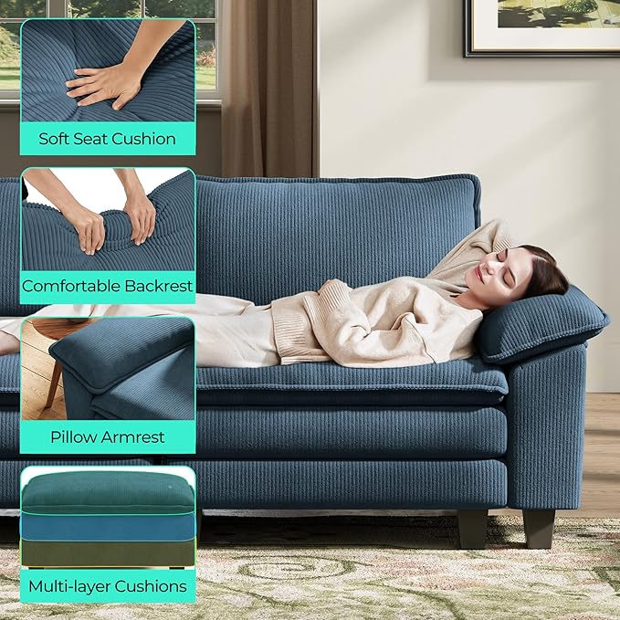 LINSY HOME 123" Modular L-Shaped Sectional Sofa, 3-Seat Corduroy Modern Cloud Couch with Deep Seat & 1 Movable Ottoman, Perfect for Living Room, Office, Bedroom, Blue
