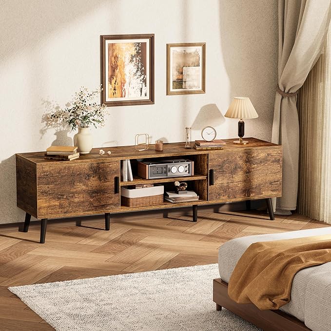 SUPERJARE TV Stand for 55, 65 Inch TV, 63 Inch Entertainment Center with Adjustable Shelf, 2 Cabinets, TV Console Table, Media Console, Solid Wood Feet, 4 Cord Holes, for Living Room, Rustic Brown
