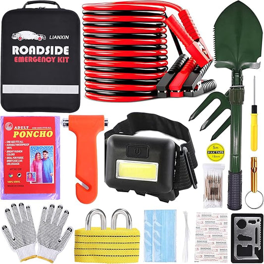 LIANXIN Emergency Car Kit - Premium Roadside Assistance Kit for Cars with Jumper Cables, Headlamp, Folding Shovel & Tow Strap All-in-One Vehicle Safety Kits for Winter, Travel, Survival (Men & Women)